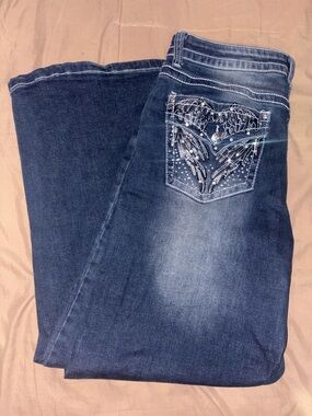 Women’s Blue Wide-Leg Jeans with Embellished Back Pocket